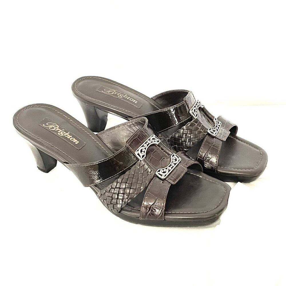 Brighton Palace Women's Size 7 M Brown Patent Leather 3 Strap Open Toe Heel Shoe